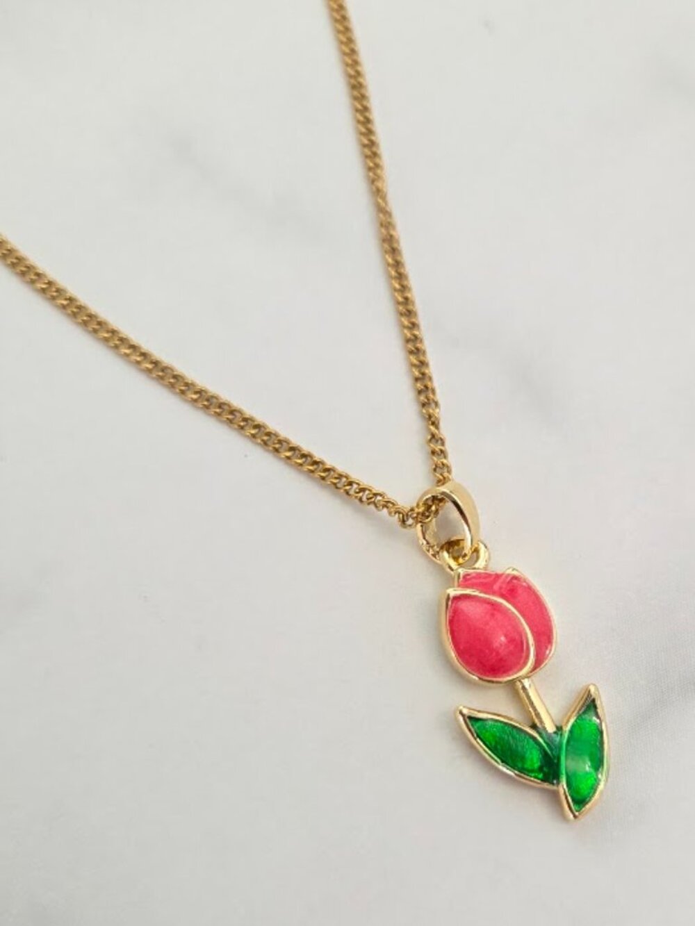 Gold Pink Enamel Tulip Flower Pendant Necklace New Dainty Kawaii Boho Gift